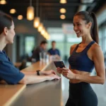 Femme consultant son abonnement Basic Fit à l'accueil d'une salle de sport moderne