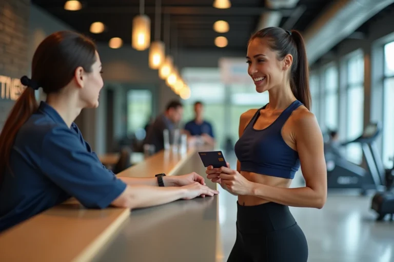 Femme consultant son abonnement Basic Fit à l'accueil d'une salle de sport moderne