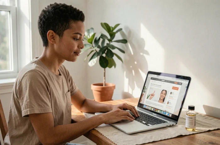 Jeune femme recherchant où acheter des produits Typology en ligne depuis son bureau à domicile