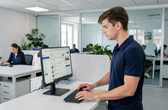 Administrateur scolaire consultant le webmail Convergence de l'académie de Montpellier sur un ordinateur de bureau dans un open space