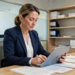 Une administratrice tutélaire consulte des dossiers sur une tablette dans un bureau administratif moderne, illustrant la gestion numérique des associations tutélaires avec l'application Mon Proxima.