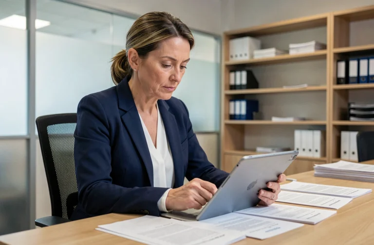 Une administratrice tutélaire consulte des dossiers sur une tablette dans un bureau administratif moderne, illustrant la gestion numérique des associations tutélaires avec l'application Mon Proxima.