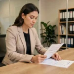 Femme agent immobilier examinant un contrat de location dans une agence immobilière moderne