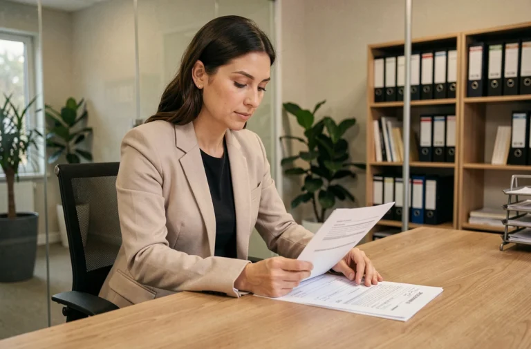 Femme agent immobilier examinant un contrat de location dans une agence immobilière moderne