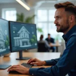Agent immobilier configurant les réglages d'une visite virtuelle 360 sur un ordinateur dans une agence moderne
