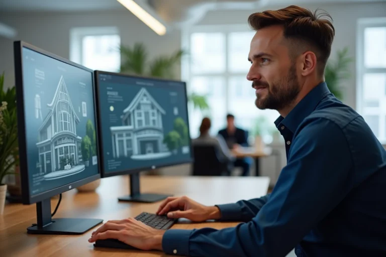 Agent immobilier configurant les réglages d'une visite virtuelle 360 sur un ordinateur dans une agence moderne