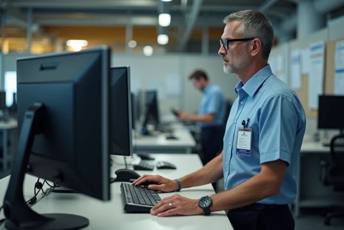 Agent au sol Air France utilisant un poste informatique pour se connecter aux outils intranet IPN