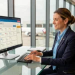Agente Air France en uniforme consultant l'espace Intralignes sur son poste de travail en open space