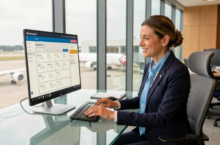 Agente Air France en uniforme consultant l'espace Intralignes sur son poste de travail en open space