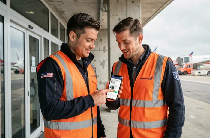 Deux agents de piste Air France consultant l'espace Intralignes sur smartphone près d'un terminal aéroport
