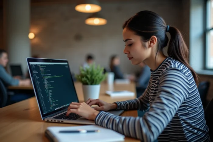 Femme ajoutant des serveurs eMule sur un ordinateur portable dans un espace de travail moderne