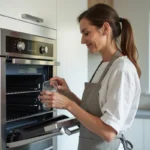 Femme versant de l'eau dans le réservoir d'un four à vapeur encastré dans une cuisine moderne