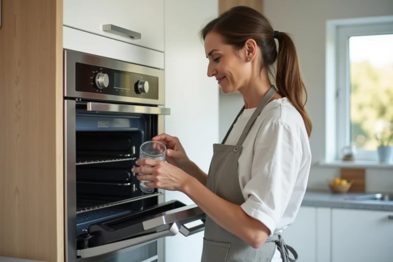 Femme versant de l'eau dans le réservoir d'un four à vapeur encastré dans une cuisine moderne