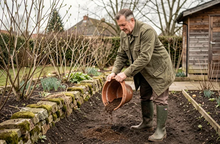 Homme apportant du compost dans un jardin au printemps pour améliorer la qualité du sol