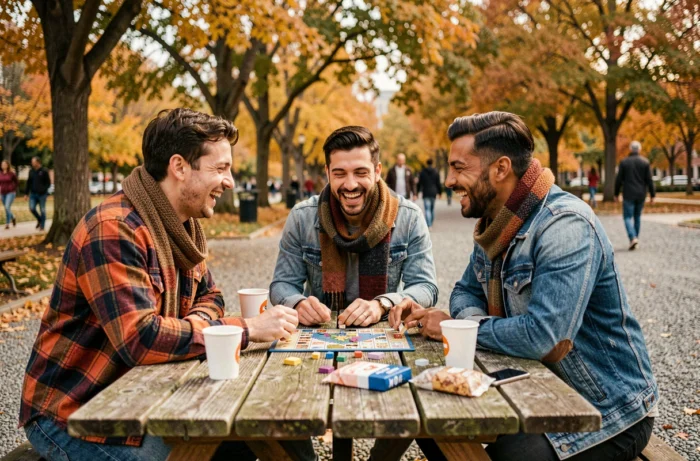 Groupe d'amis jouant à un jeu de société dans un parc en automne, loisirs en plein air