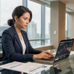 Analyste financière concentrée devant des graphiques boursiers dans un bureau moderne