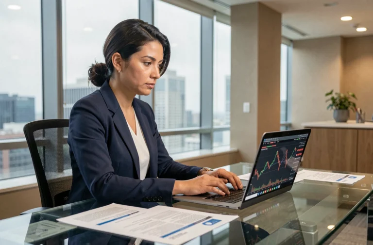 Analyste financière concentrée devant des graphiques boursiers dans un bureau moderne