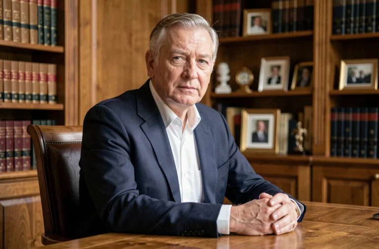 Portrait d'un homme élégant d'âge mûr assis à un bureau en bois dans un bureau traditionnel français, symbolisant discrétion et dignité