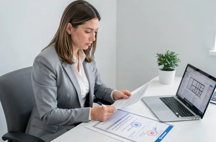 Architecte femme consultant des documents officiels et un certificat d'inscription à l'Ordre des architectes dans un bureau administratif