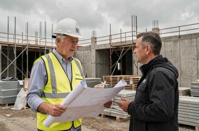 Professionnel du bâtiment avec un plan architectural sur un chantier de construction, évoquant les enjeux de l'exercice de la profession d'architecte sans être inscrit à l'Ordre