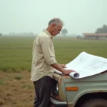 Architecte consultant des plans de construction sur un terrain agricole en milieu rural