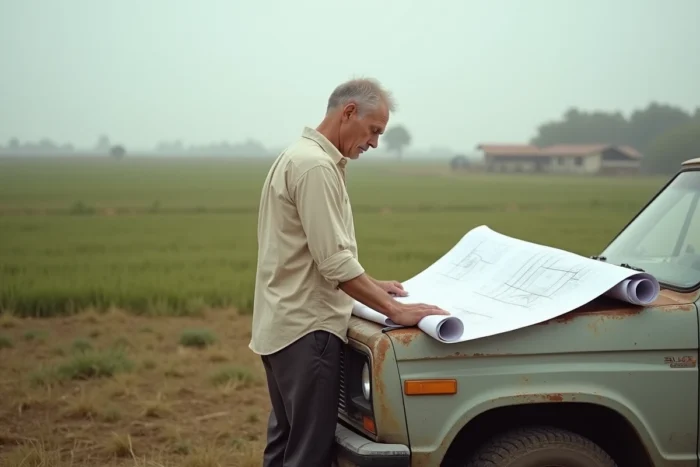 Architecte consultant des plans de construction sur un terrain agricole en milieu rural