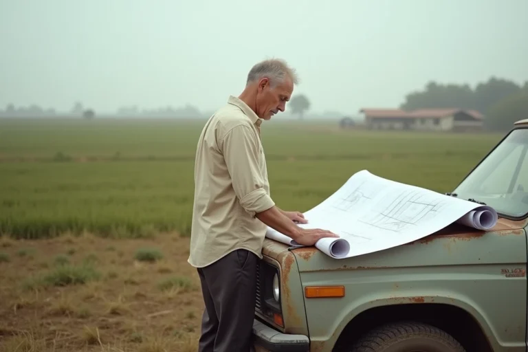 Architecte consultant des plans de construction sur un terrain agricole en milieu rural