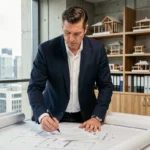Architecte homme en veste marine examinant des plans d'architecture dans un studio moderne, illustrant la profession réglementée d'architecte inscrit à l'Ordre
