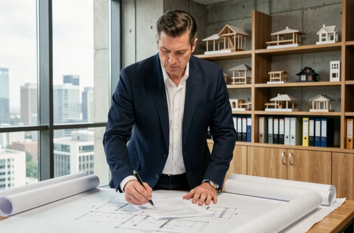 Architecte homme en veste marine examinant des plans d'architecture dans un studio moderne, illustrant la profession réglementée d'architecte inscrit à l'Ordre