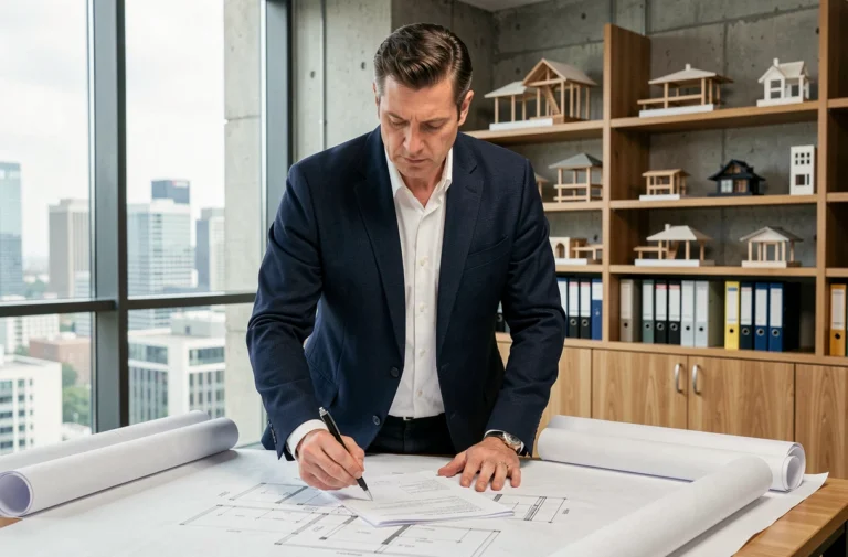 Architecte homme en veste marine examinant des plans d'architecture dans un studio moderne, illustrant la profession réglementée d'architecte inscrit à l'Ordre