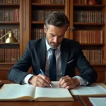Avocat français étudiant un arrêt de jurisprudence dans son cabinet parisien entouré de codes juridiques
