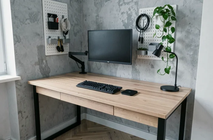 Bureau debout ergonomique dans un appartement scandinave avec pégboard, plante verte et sol en parquet, aménagement minimaliste