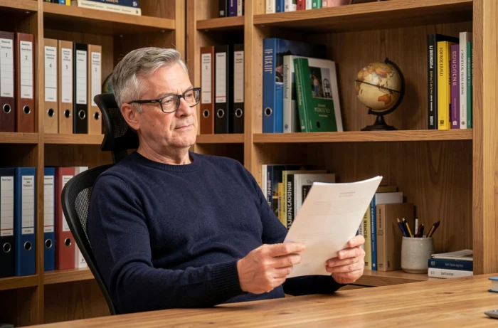 Homme consultant des documents dans un bureau à domicile aménagé dans une alcôve avec bibliothèque intégrée en bois