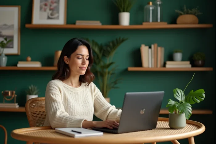 Femme aménageant un bureau à domicile personnalisé avec mur vert forêt, bureau en rotin et plantes vertes pour une décoration intérieure tendance