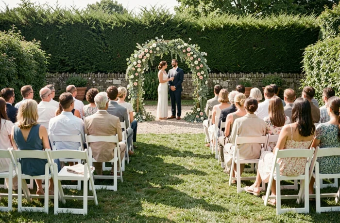 Cérémonie de mariage intime en plein air avec 30 chaises blanches dans un jardin fleuri, arche végétale en eucalyptus et roses blanches