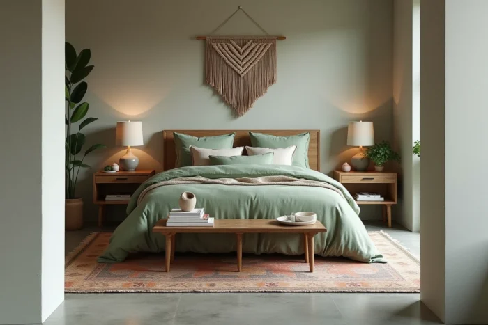 Chambre moderne à décoration éclectique avec linge de lit en lin vert sauge, macramé mural et tapis persan pour un intérieur personnalisé et tendance