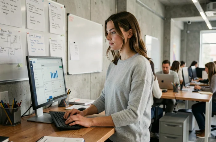Une chargée de gestion dans une association tutélaire utilise un logiciel administratif sur ordinateur dans un espace de travail collaboratif moderne, symbolisant la digitalisation des processus tutélaires.