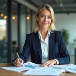 Cheffe d'entreprise analysant des documents stratégiques dans un bureau moderne pour développer son activité en 2024