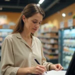 Femme remplissant un chèque différé à la caisse d'un supermarché Cora