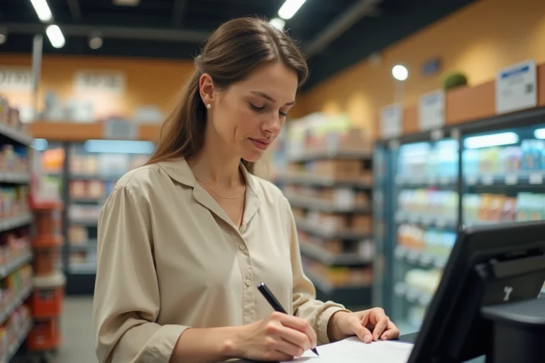 Femme remplissant un chèque différé à la caisse d'un supermarché Cora