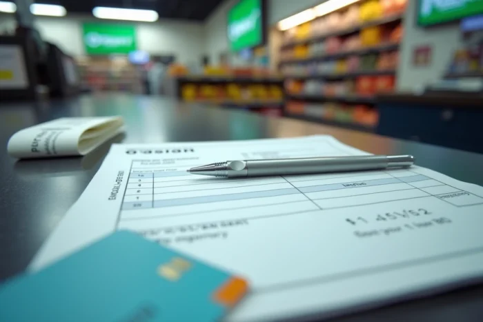 Gros plan d'un chéquier ouvert avec stylo, carte fidélité et reçu sur un comptoir de supermarché
