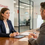 Une cliente discutant de ses solutions bancaires avec un conseiller Société Générale dans une agence moderne