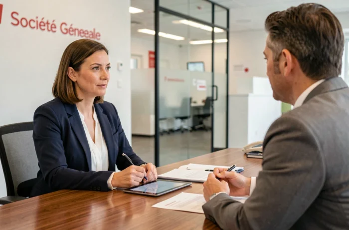 Une cliente discutant de ses solutions bancaires avec un conseiller Société Générale dans une agence moderne