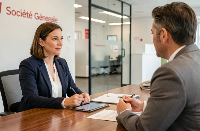 Une cliente discutant de ses solutions bancaires avec un conseiller Société Générale dans une agence moderne