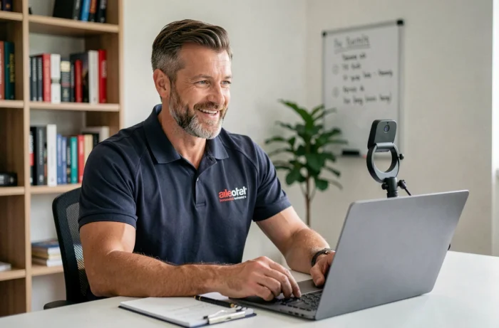 Coach sportif professionnel animant une séance de coaching en ligne depuis son bureau à domicile