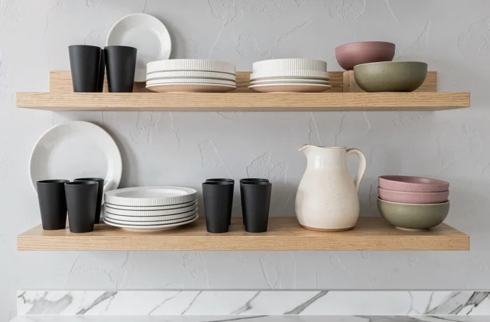 Étagère de cuisine ouverte avec collection de vaisselle tendance : assiettes en porcelaine côtelée, verres noirs mats, pichet en céramique et bols colorés en rose et vert olive
