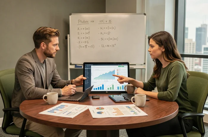 Deux collègues analysant les tendances financières de l'année autour d'une table de réunion