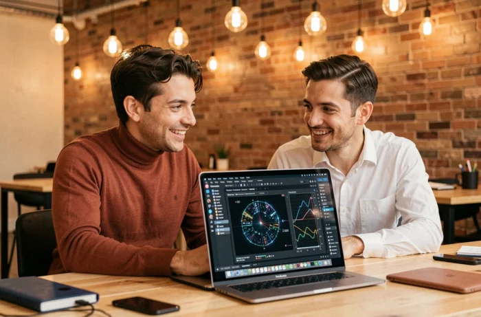Deux collègues explorant des tendances high-tech et intelligence artificielle dans un espace de coworking