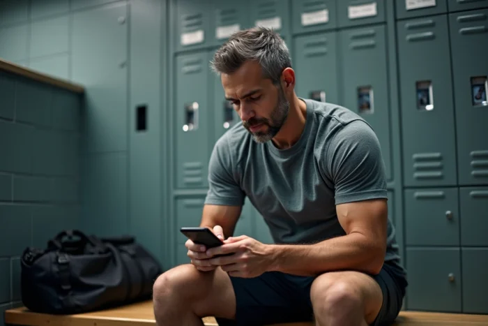 Homme comparant les formules d'abonnement Basic Fit premium et basic sur son smartphone en vestiaire