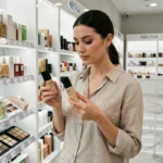 Femme comparant deux produits cosmétiques dans un magasin de beauté, illustration de la comparaison des prix entre enseignes concurrentes comme Sephora et Marionnaud